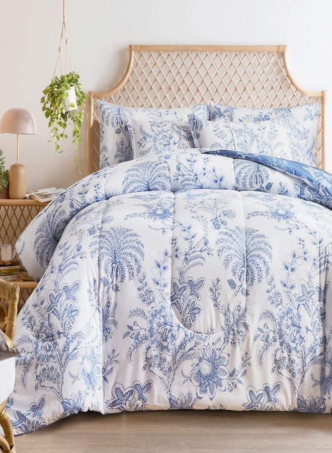 Flysheep Botanical Bed in a Bag Queen Size 7 Pieces, Reversible Blue and White Flower Printed Comforter Bedding Set (1 Comforter, 1 Flat Sheet, 1 Fitted Sheet, 2 Pillow Shams and 2 Pillowcases) - Image 1