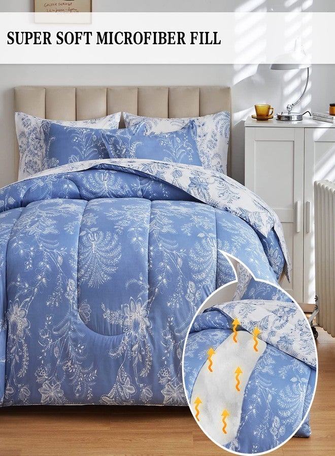 Flysheep Botanical Bed in a Bag Queen Size 7 Pieces, Reversible Blue and White Flower Printed Comforter Bedding Set (1 Comforter, 1 Flat Sheet, 1 Fitted Sheet, 2 Pillow Shams and 2 Pillowcases) - Image 4