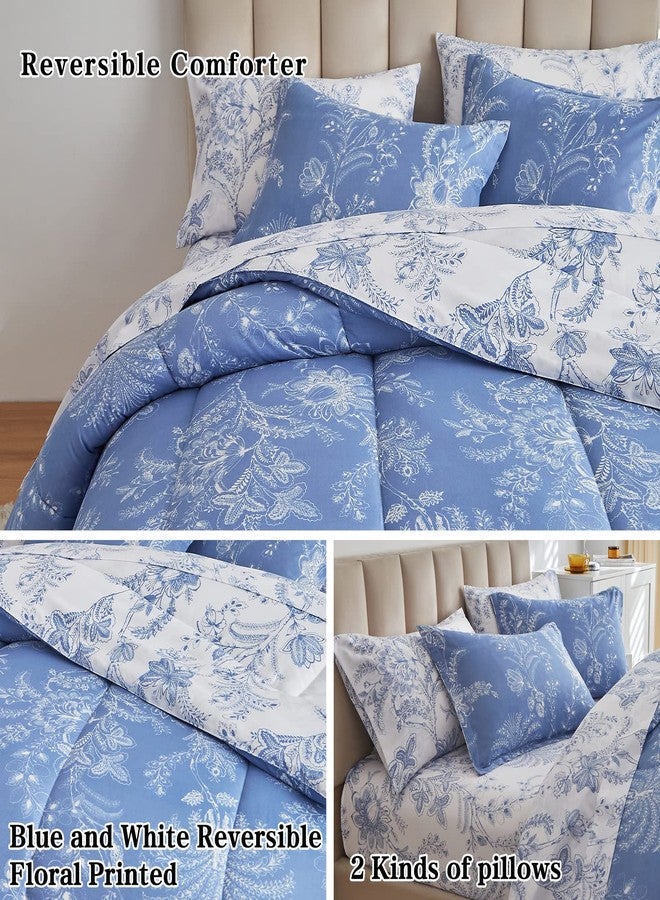 Flysheep Botanical Bed in a Bag Queen Size 7 Pieces, Reversible Blue and White Flower Printed Comforter Bedding Set (1 Comforter, 1 Flat Sheet, 1 Fitted Sheet, 2 Pillow Shams and 2 Pillowcases) - Image 5