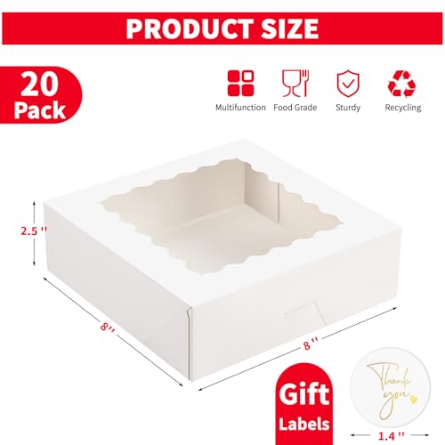 Ocmoiy 20 Pack Pie Boxes, 8 x 8 x 2.5 Inches Bakery Boxes with Window, Auto-Popup Cookie Treat Boxes for Chocolate Strawberries, Pastries, Muffins, Donuts - Image 3