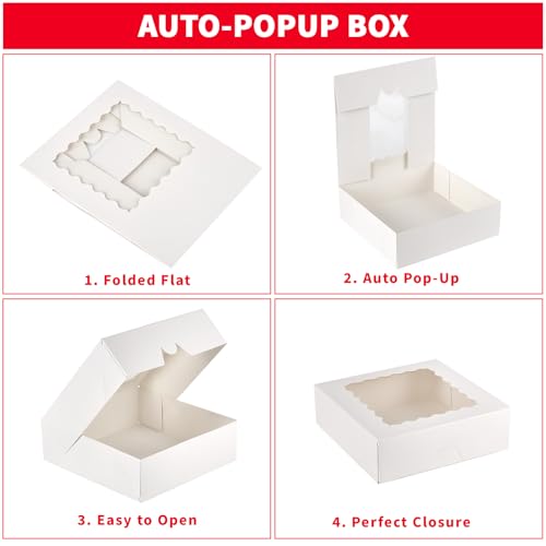 Ocmoiy 20 Pack Pie Boxes, 8 x 8 x 2.5 Inches Bakery Boxes with Window, Auto-Popup Cookie Treat Boxes for Chocolate Strawberries, Pastries, Muffins, Donuts - Image 2