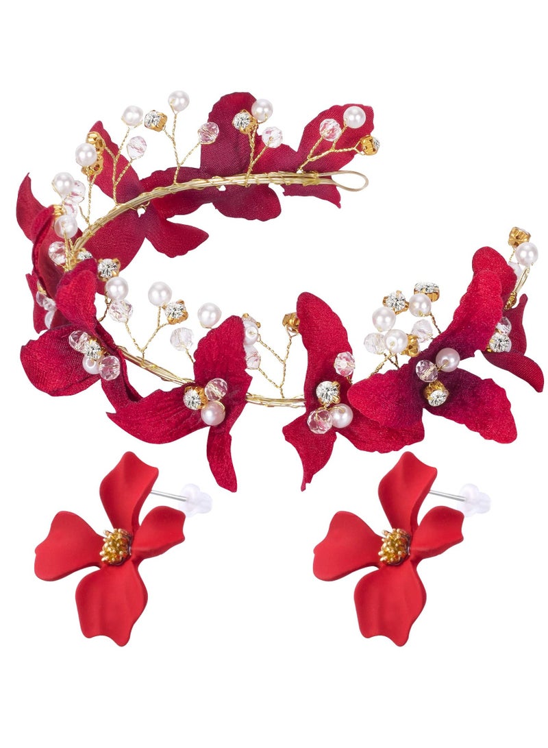 Excefore Wedding Bride Floral Red Headband, Crystal Gold Red Flower Hair Vine with Pearl Rhinestone Hair Accessory with Earring, Boho Delicate Hair Piece Jewelry for Women and Girls - Image 1