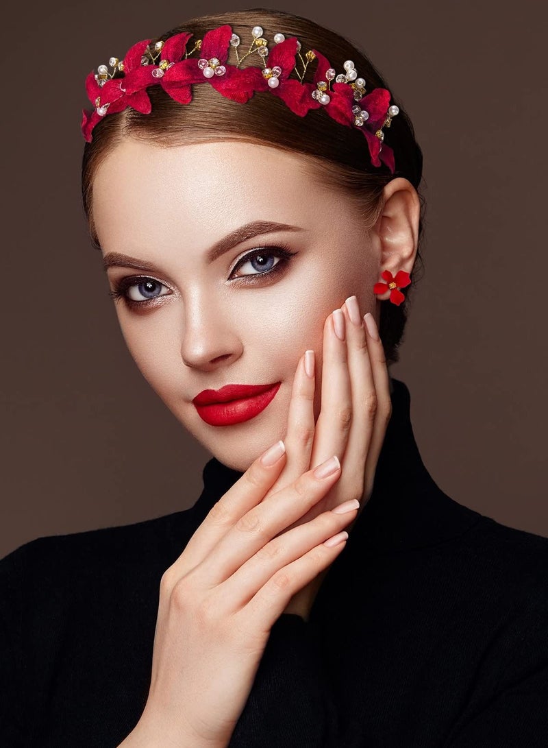 Excefore Wedding Bride Floral Red Headband, Crystal Gold Red Flower Hair Vine with Pearl Rhinestone Hair Accessory with Earring, Boho Delicate Hair Piece Jewelry for Women and Girls - Image 4