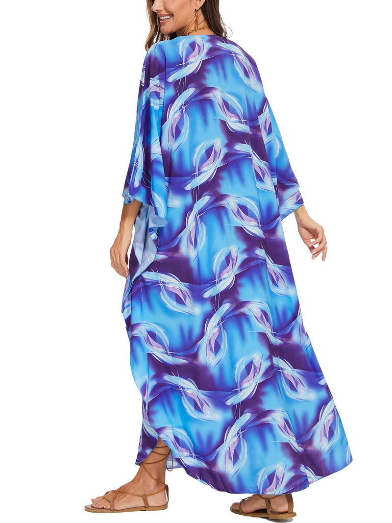 Moss Rose Kaftan Dresses for Women V Neck Summer Swimsuit Cover up Caftan Maxi Beach Dresses A-Blue - Image 2