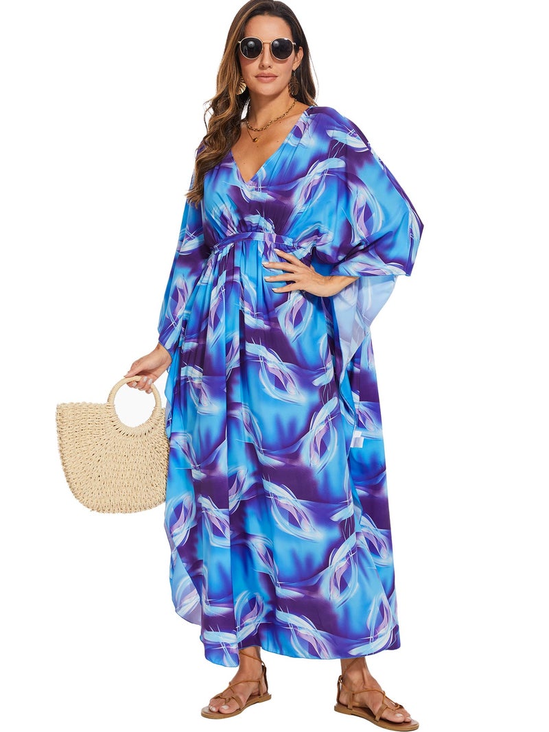 Moss Rose Kaftan Dresses for Women V Neck Summer Swimsuit Cover up Caftan Maxi Beach Dresses A-Blue - Image 5