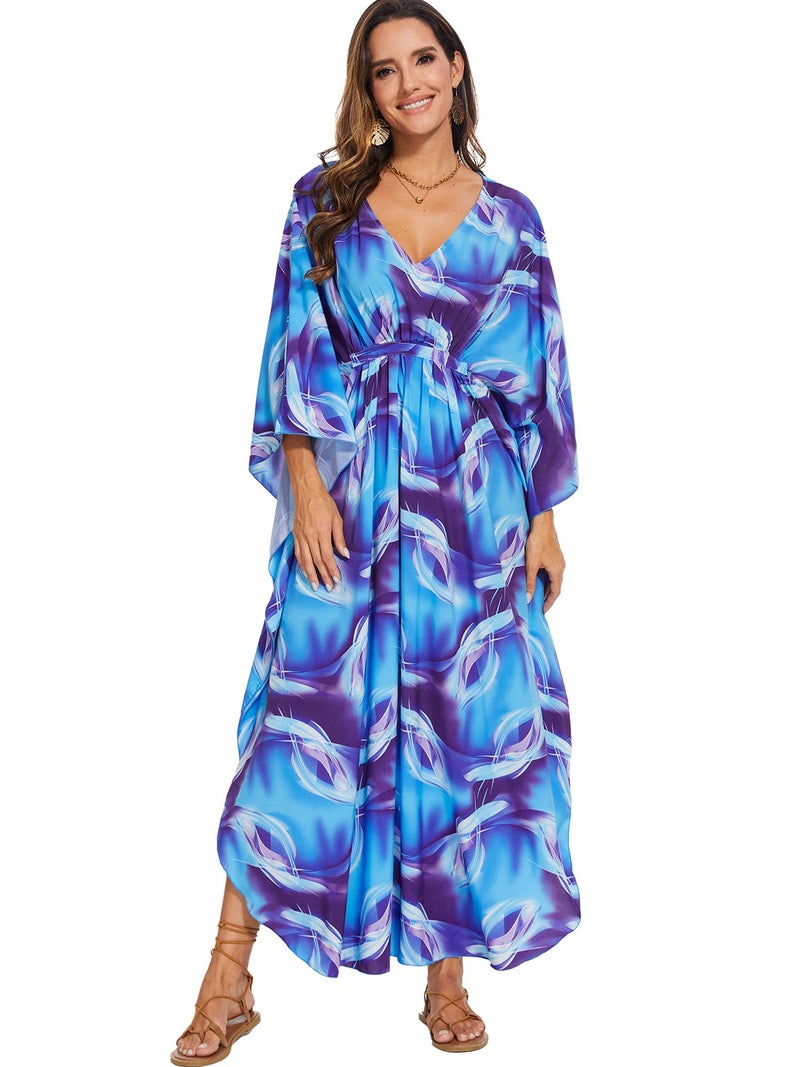 Moss Rose Kaftan Dresses for Women V Neck Summer Swimsuit Cover up Caftan Maxi Beach Dresses A-Blue - Image 4