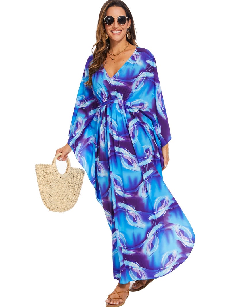 Moss Rose Kaftan Dresses for Women V Neck Summer Swimsuit Cover up Caftan Maxi Beach Dresses A-Blue - Image 3