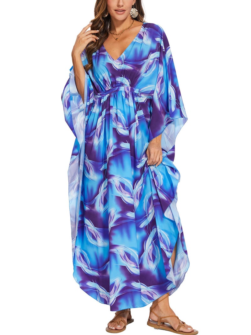 Moss Rose Kaftan Dresses for Women V Neck Summer Swimsuit Cover up Caftan Maxi Beach Dresses A-Blue - Image 1