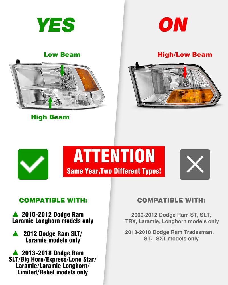ADCARLIGHTS compatible with Dodge 09-18 Ram 1500/10-18 Ram 2500 3500 Headlamp for 2009-2018 Ram Headlight Assembly Chrome Housing Amber Driver and Passenger(Only fit Quad Beam) - Image 2