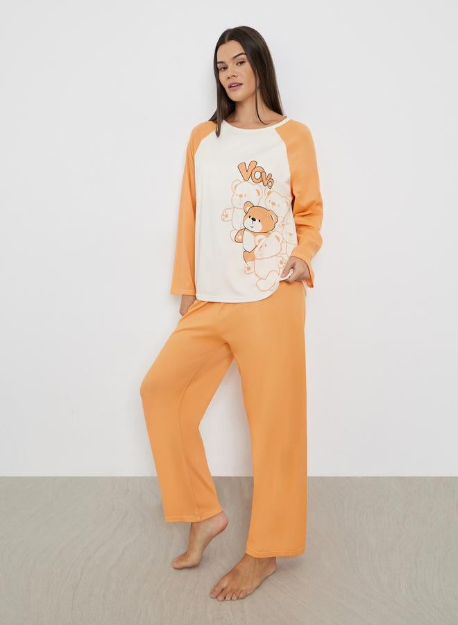 Styli Bear Graphic Print Long Sleeve T-Shirt and Pyjama Set - Image 1