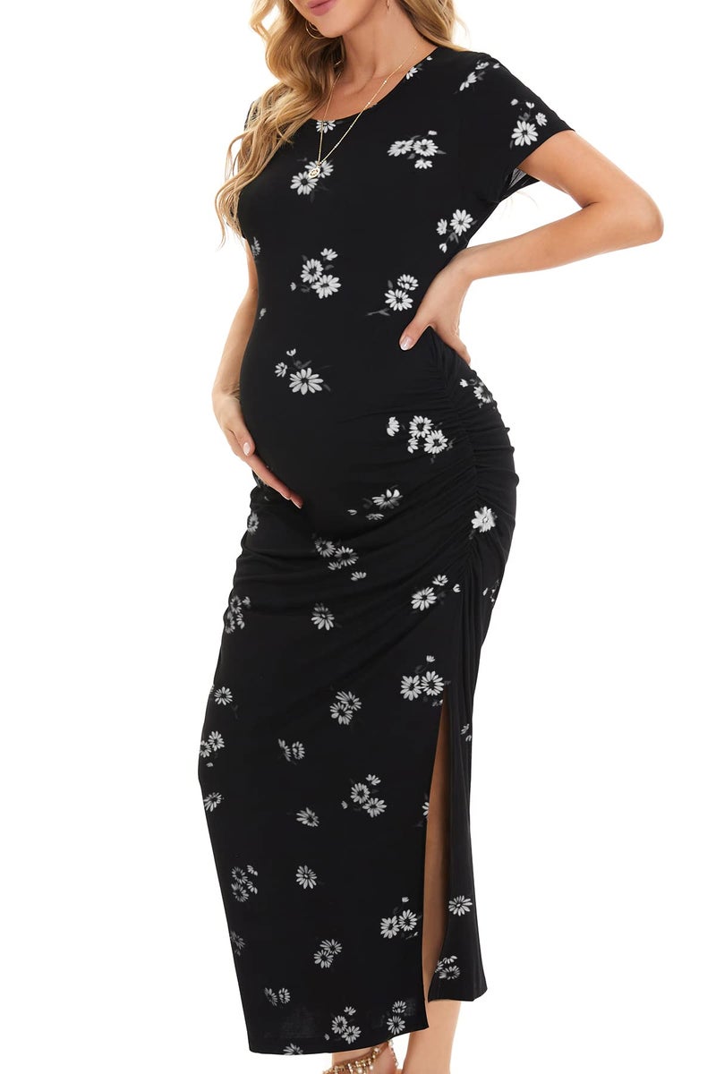 Smallshow Women's Split Long Maternity Dress Short Sleeve Ruched Pregnancy Clothes Medium SVP121 - Image 1