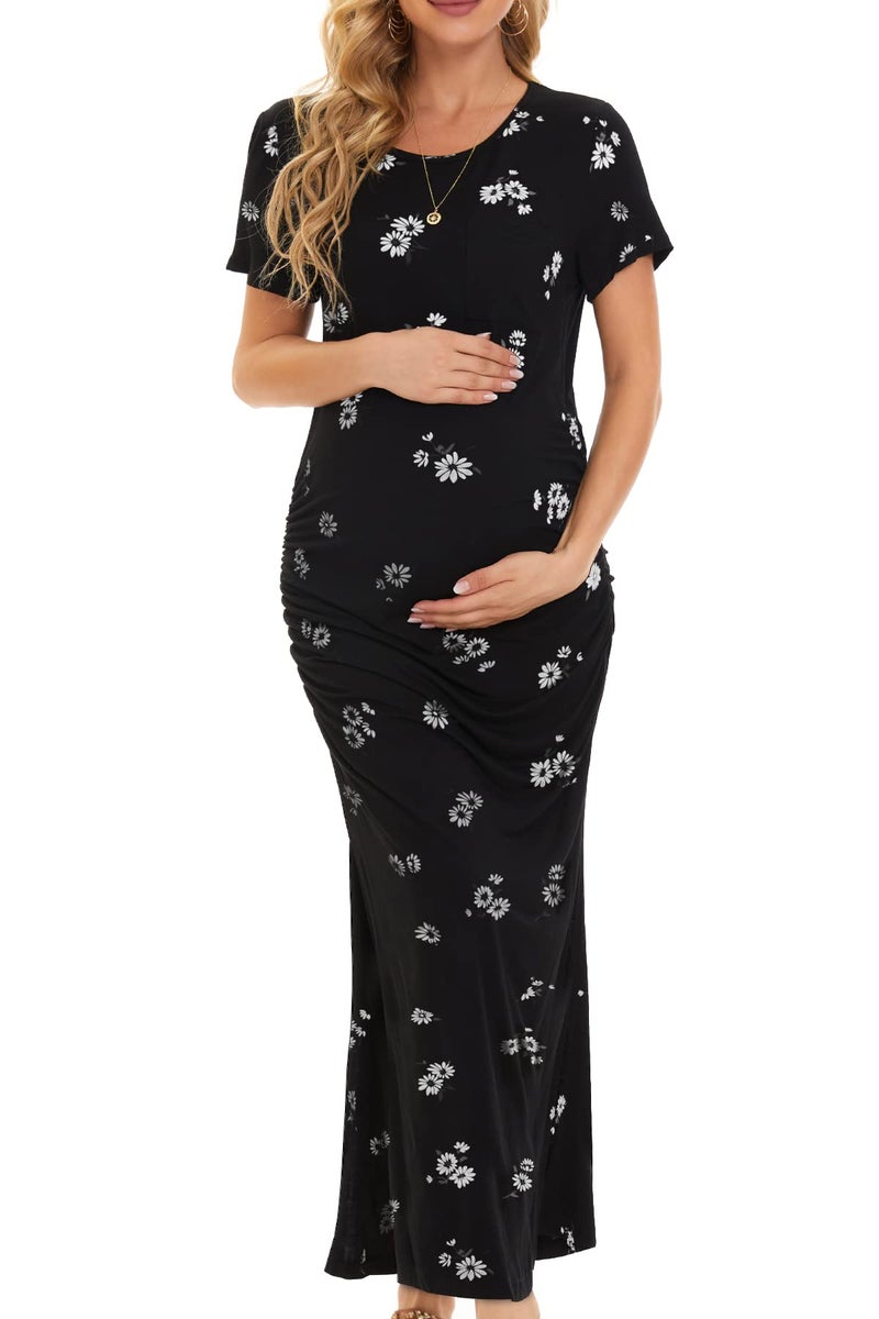 Smallshow Women's Split Long Maternity Dress Short Sleeve Ruched Pregnancy Clothes Medium SVP121 - Image 2