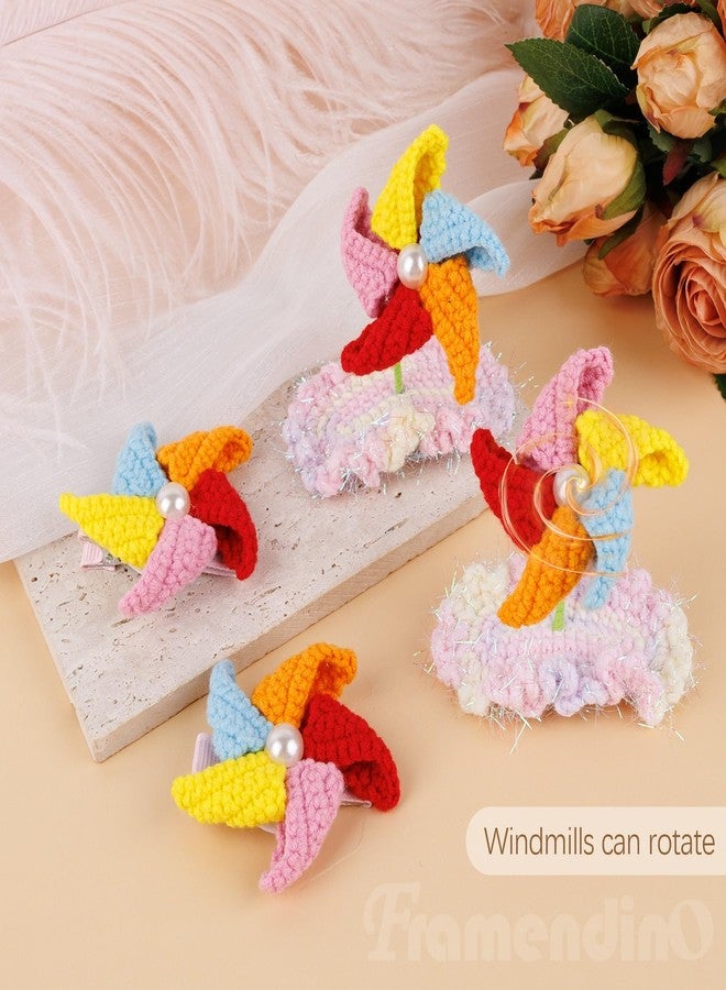 Framendino, 4 Pack Crochet Windmill Hair Clips 3D Handmade Knited Rotatable Pinwheel Barrettes Cute Snap Clip for Women - Image 4