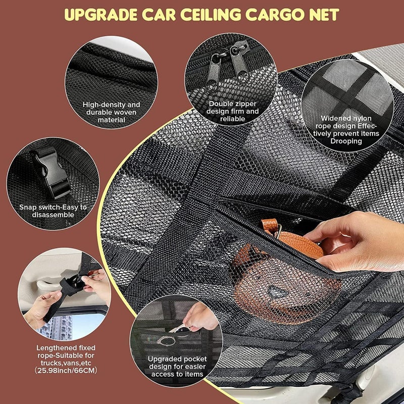HZYH Car Ceiling Storage Net, Upgrade Car Ceiling Cargo Net Pocket, Roof Interior Large Capacity Storage Organizer, High Load-Bearing and Less Droop, for Most Car, SUV, Sedan, 79x54cm - Image 4