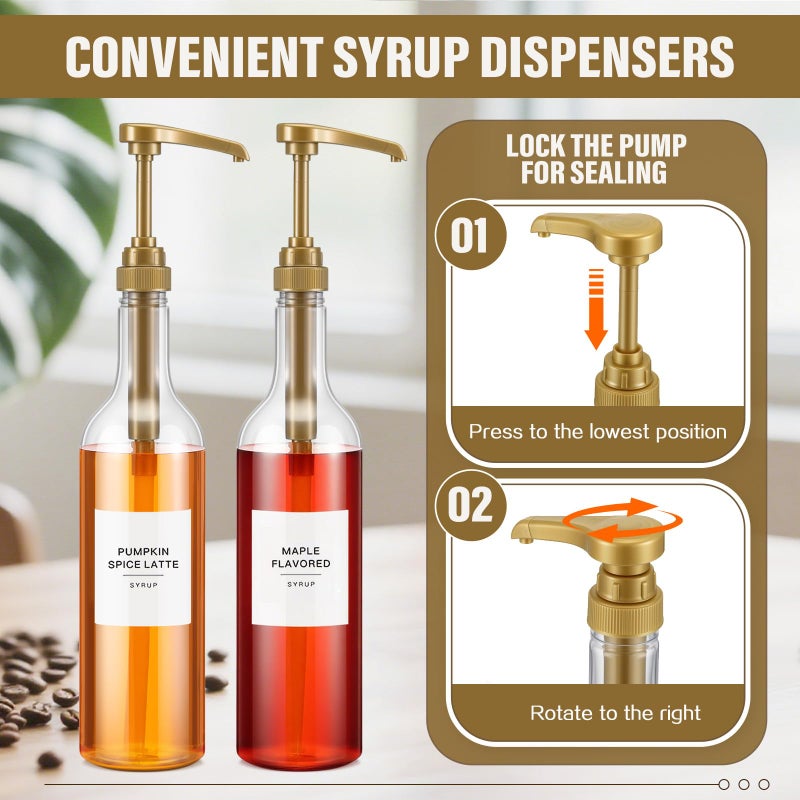 LemonRoad 2 Pack Coffee Syrup Dispenser for Coffee Bar 25.4 oz 750ml Plastic Syrup Dispenser Bottles with Bamboo Tray Pumps Scoop and Labels for Kitchen Bar Accessories - Image 3