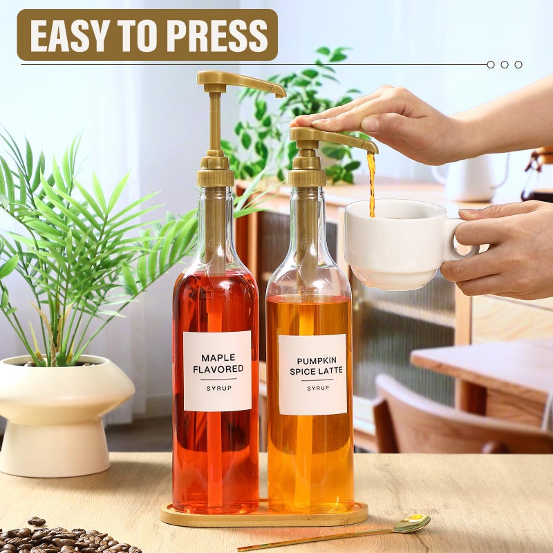 LemonRoad 2 Pack Coffee Syrup Dispenser for Coffee Bar 25.4 oz 750ml Plastic Syrup Dispenser Bottles with Bamboo Tray Pumps Scoop and Labels for Kitchen Bar Accessories - Image 4