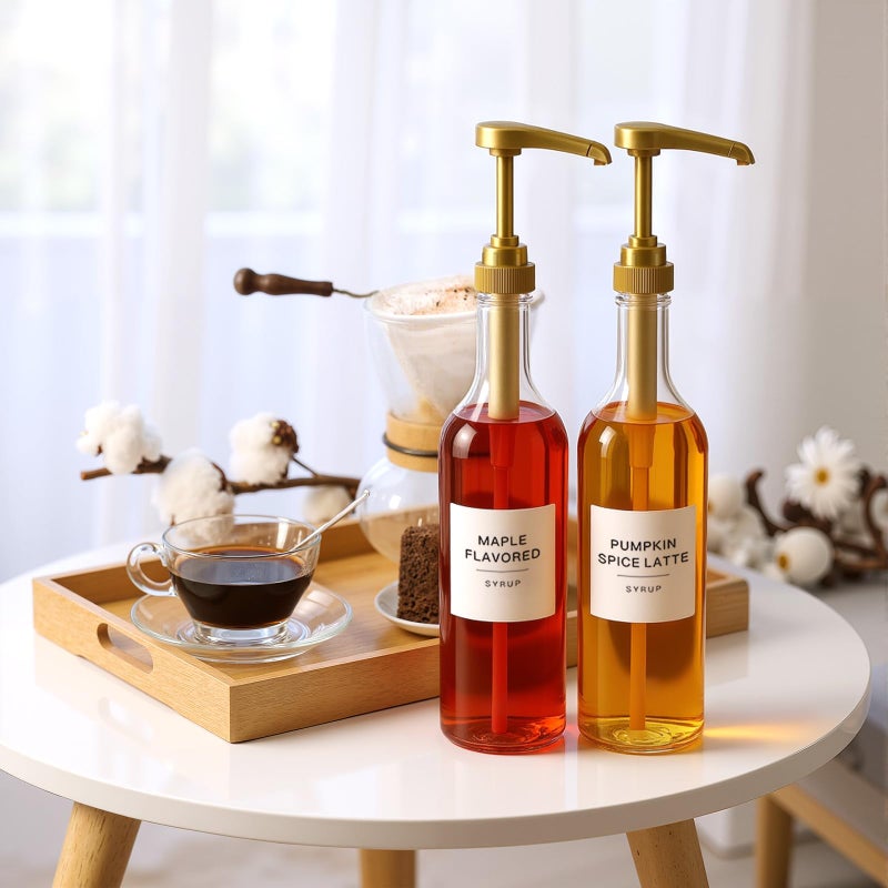 LemonRoad 2 Pack Coffee Syrup Dispenser for Coffee Bar 25.4 oz 750ml Plastic Syrup Dispenser Bottles with Bamboo Tray Pumps Scoop and Labels for Kitchen Bar Accessories - Image 5