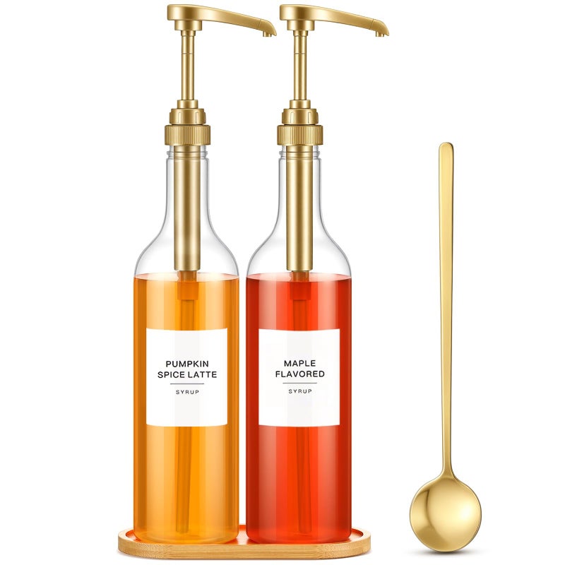 LemonRoad 2 Pack Coffee Syrup Dispenser for Coffee Bar 25.4 oz 750ml Plastic Syrup Dispenser Bottles with Bamboo Tray Pumps Scoop and Labels for Kitchen Bar Accessories - Image 1