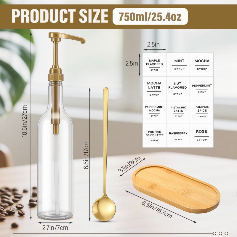 LemonRoad 2 Pack Coffee Syrup Dispenser for Coffee Bar 25.4 oz 750ml Plastic Syrup Dispenser Bottles with Bamboo Tray Pumps Scoop and Labels for Kitchen Bar Accessories - Image 2