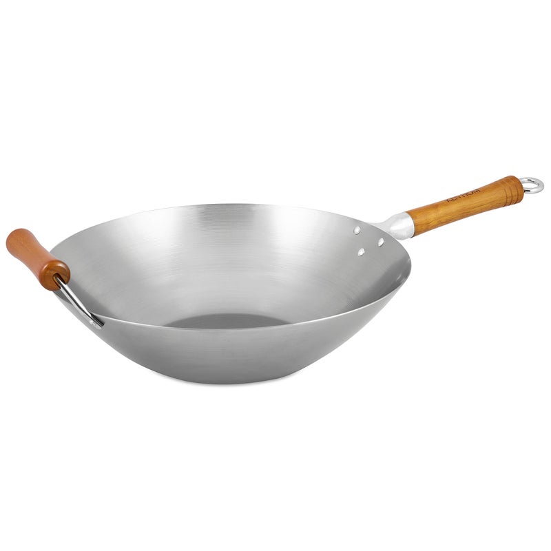 Ken Hom Carbon Steel Wok 36cm Excellence Induction Hobs SuitableNatural Patina NonStickBeech HandleMetal Tool Safe Includes 1 x Chinese Wok Pan KH436003