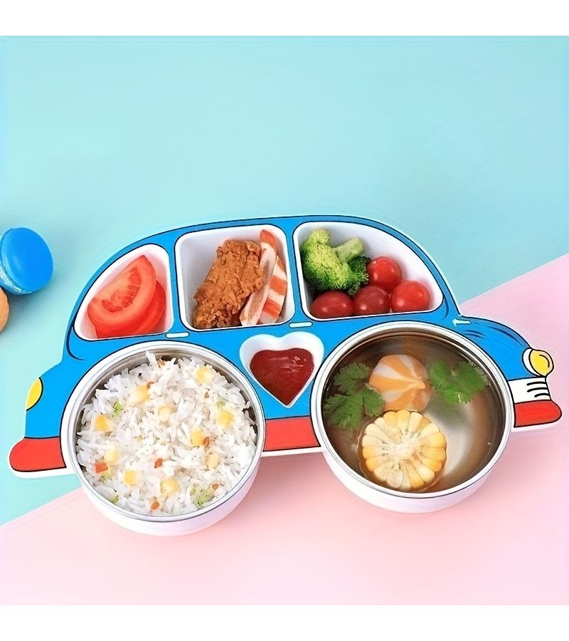 1 Set Divided Grid Car Dinner Plate Suit Blue With Lid Anti Fall Household Cartoon Tableware For Youngsters - Image 4