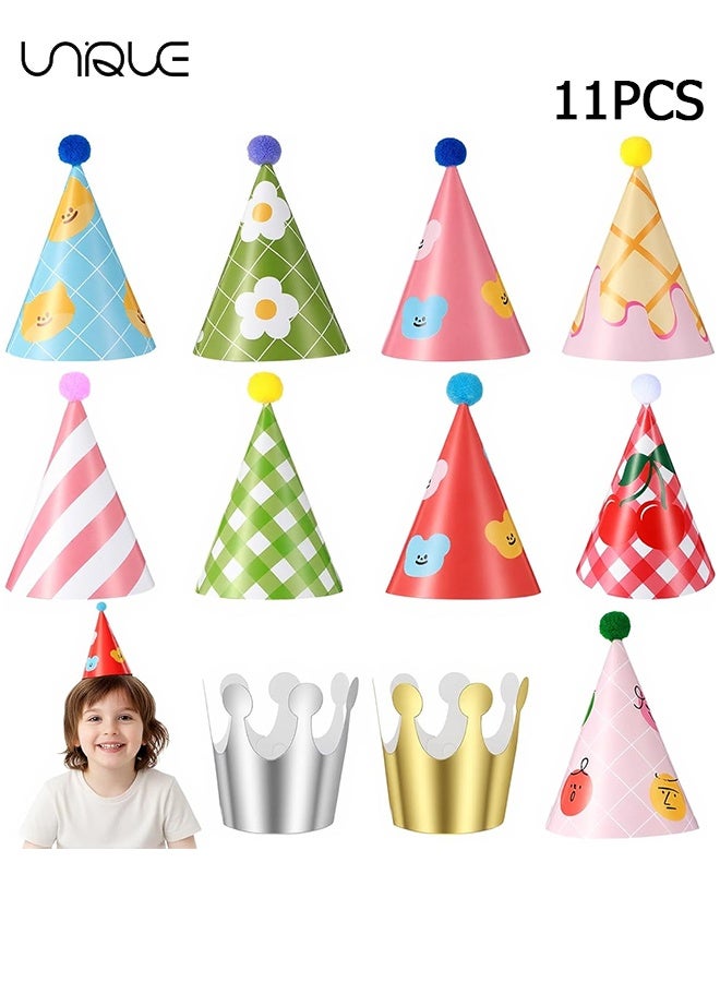 Unique Birthday Party Hats Set of 11 - 9 Party Hats with Pom Poms and Crown for 2 Birthday,Paper Cone Caps for Stuffed Animals, Party Crown Caps Set, Small Celebration Accessories, Suitable for Family Parties for Kids and Adults - Image 1