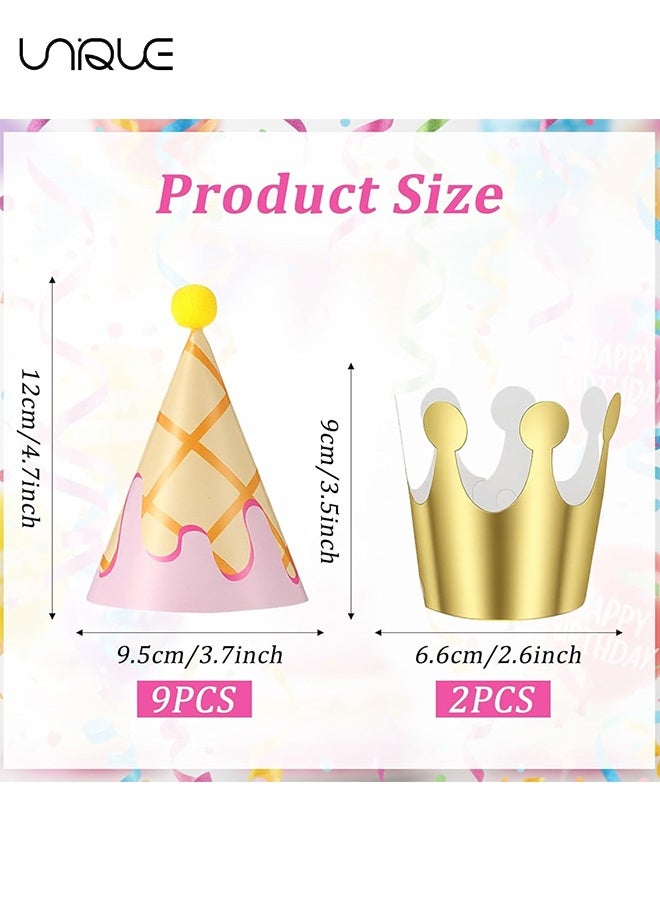 Unique Birthday Party Hats Set of 11 - 9 Party Hats with Pom Poms and Crown for 2 Birthday,Paper Cone Caps for Stuffed Animals, Party Crown Caps Set, Small Celebration Accessories, Suitable for Family Parties for Kids and Adults - Image 2