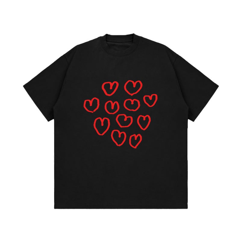 SHX heavy 260g small neckline heart shape graffiti print design T-shirt cotton loose couple short sleeve top - Image 1