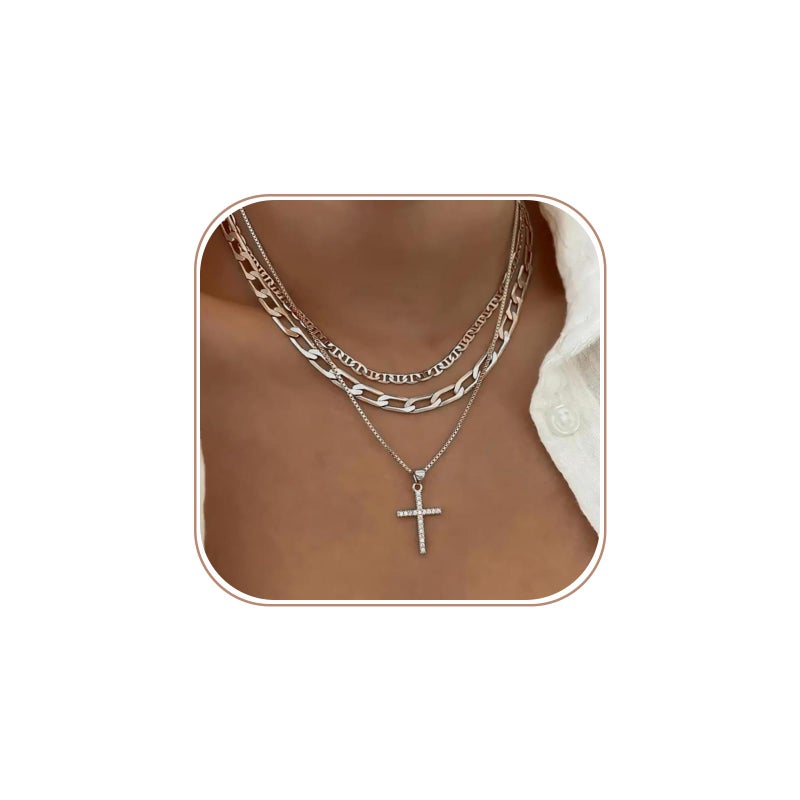 Pancert Cross Necklace for Women,Stackable Stacked Stacking Layering Layered Necklaces Dainty Silver Necklace Paperclip Box Flat Mariner Chain Necklace Cross Pendant CZ Diamond Simple Jewelry Gift - Image 1