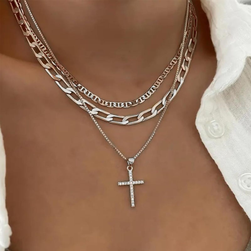 Pancert Cross Necklace for Women,Stackable Stacked Stacking Layering Layered Necklaces Dainty Silver Necklace Paperclip Box Flat Mariner Chain Necklace Cross Pendant CZ Diamond Simple Jewelry Gift - Image 2