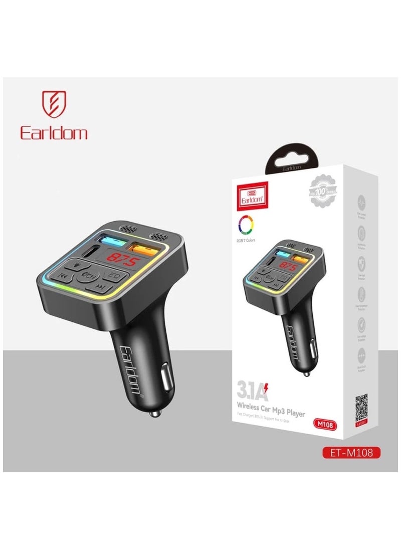 أيرلدوم شاحن سيارة 4 في 1 (M108) - مشغل MP3 بلوتوث، شحن سريع 3.1A، إضاءة LED متعددة الألوان - Image 1