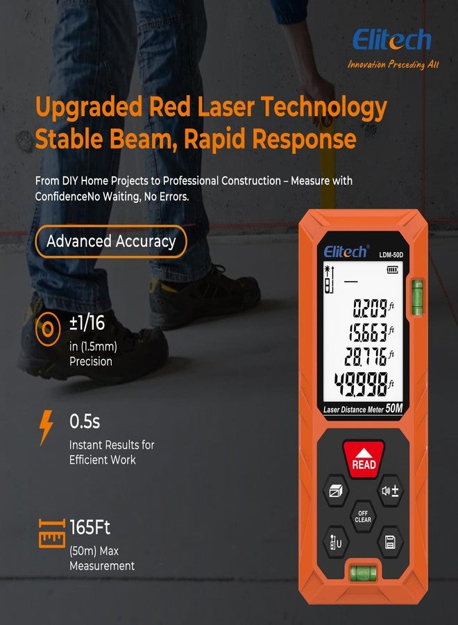 إليتك أداة قياس ليزر Elitech بطول 165 قدمًا، دقة ±2 مم، شاشة LCD بإضاءة خلفية، أوضاع المساحة والحجم، وظيفة فيثاغورس، مفتاح الوحدة، 99 سجل بيانات، LDM-50D - Image 2