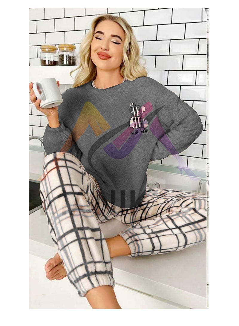 MANIKAN-Soft Gray two-piece winter pajama with plaid pants, cozy texture, and cute bear design.  - Image 4
