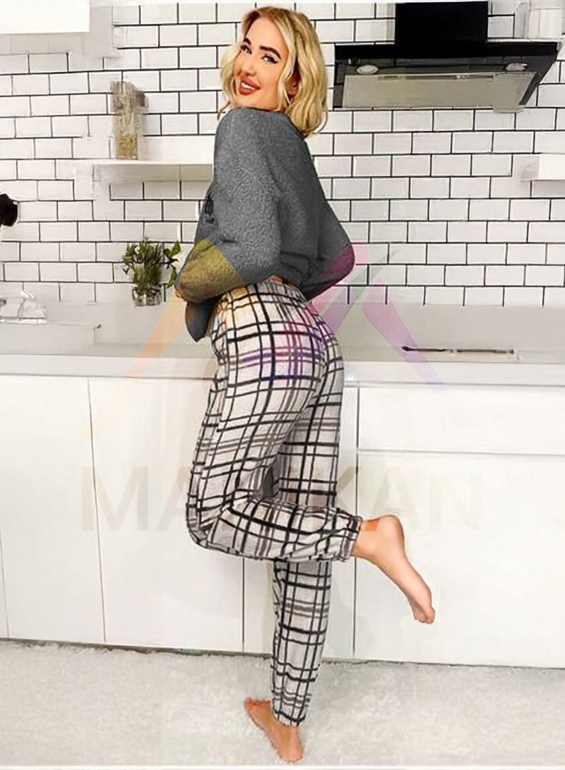MANIKAN-Soft Gray two-piece winter pajama with plaid pants, cozy texture, and cute bear design.  - Image 3