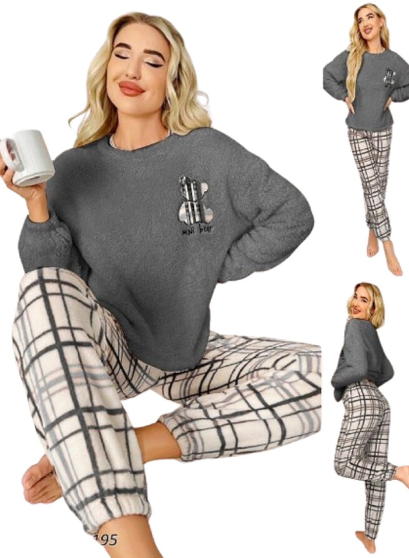 MANIKAN-Soft Gray two-piece winter pajama with plaid pants, cozy texture, and cute bear design.  - Image 2