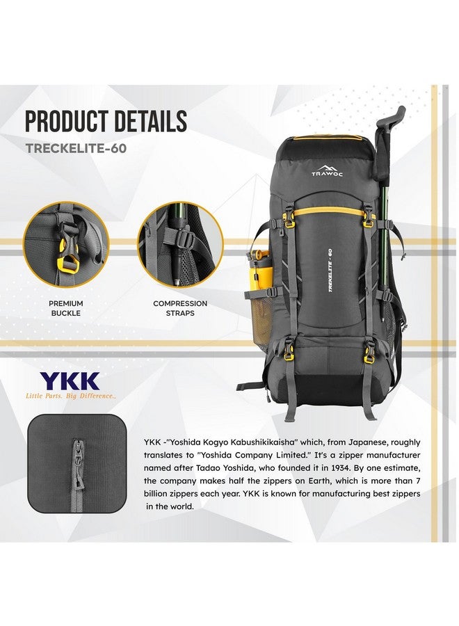 Trawoc حقيبة ظهر ترافوك تريكلت 60 لتر للسفر، حقيبة مشي، حقيبة تخييم للرجال والنساء مع غطاء مطري مقاوم للماء/حجرة للأحذية MHK004، ضمان 3 سنوات، أسود - Image 2