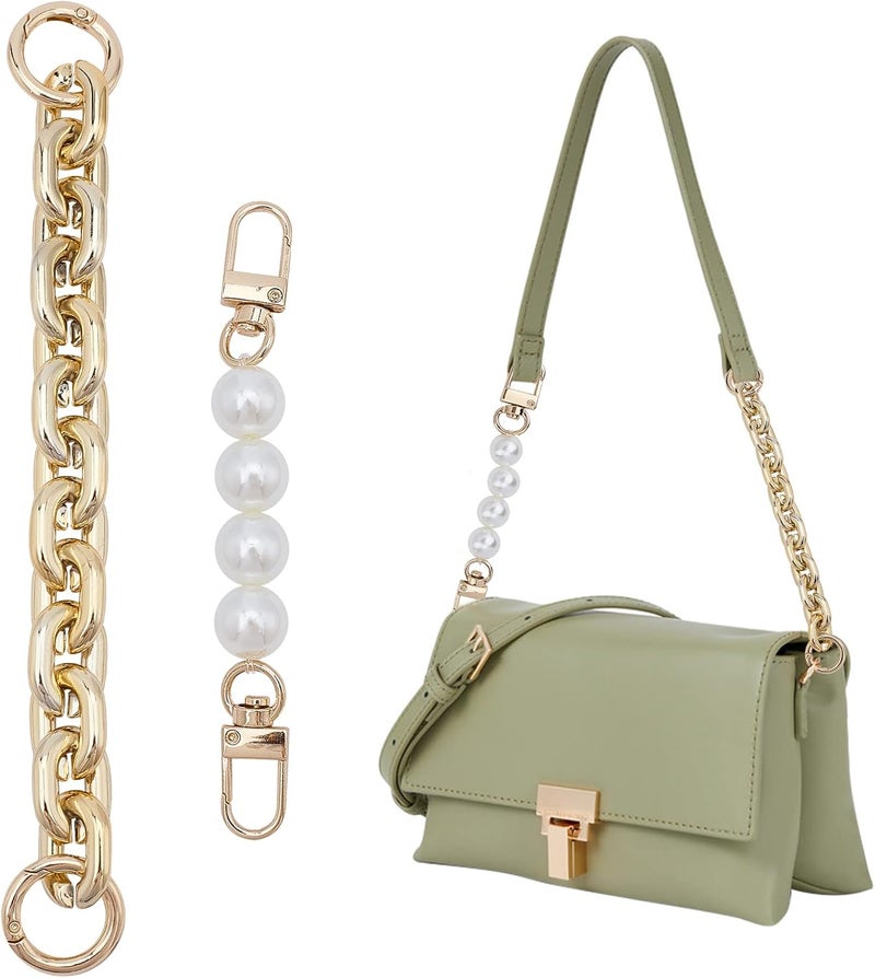 cheekyglo 2 Styles Bag Chain Strap Extender, Imitation Pearl Bead Purse Strap Gold Resin Purse Short Handle Chain Replacement Handbag Chain Accessory Charms Decoration Chain(4.7 inch, 8.1 inch) - Image 1
