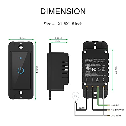 Lesim Smart Switch 2.4GHz WiFi Light Switch 2Pack Compatible with Alexa and Google Home, Single Pole, Needs Neutral Wire (Black) - Image 3