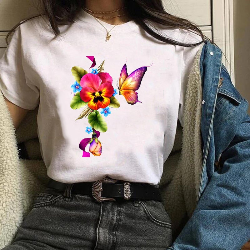 2023 Fashion Flowers Urban Shrimp Crewneck Printed White T-Shirt Short Sleeve Women'S - Image 3