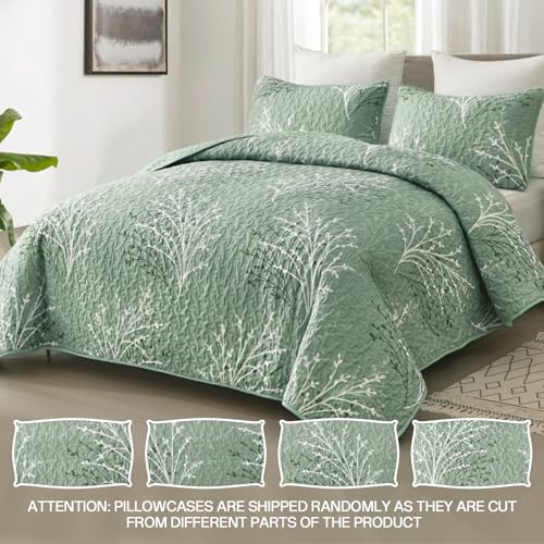 DJY Sage Green Quilt Set Queen Size Branch Botanical Pattern Bedspread Coverlet Set 3 Piece Green Floral Quilt Bedding Set Soft Microfiber Daybed Cover for All Season - Image 3