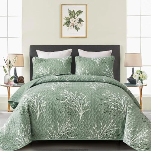 DJY Sage Green Quilt Set Queen Size Branch Botanical Pattern Bedspread Coverlet Set 3 Piece Green Floral Quilt Bedding Set Soft Microfiber Daybed Cover for All Season - Image 1