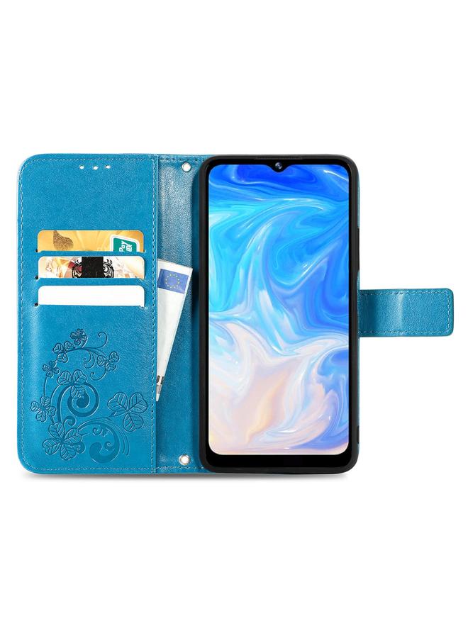 اس-توب جراب لهاتف DOOGEE N40 Pro مصنوع من الجلد المنقوش بمشبك على شكل أربع أوراق مع حبل ومكان للبطاقات ومحفظة وحامل - Image 3