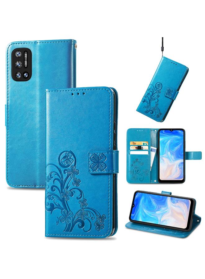 اس-توب جراب لهاتف DOOGEE N40 Pro مصنوع من الجلد المنقوش بمشبك على شكل أربع أوراق مع حبل ومكان للبطاقات ومحفظة وحامل - Image 1