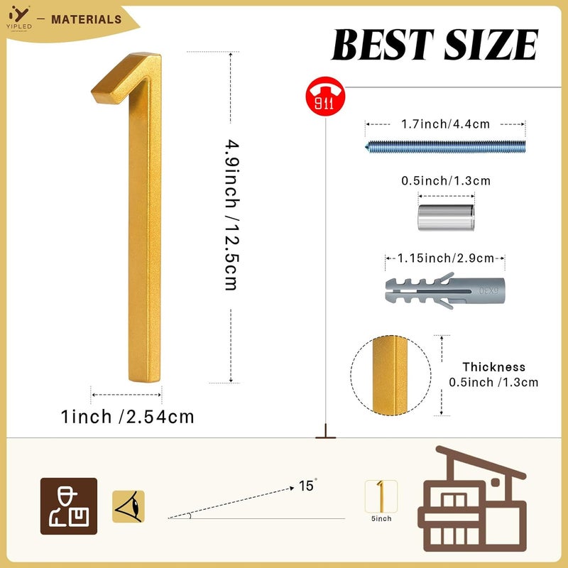 YIPLED 5 Inch House Numbers for Outside, Metal Address Number 1 - Modern Design, Weather-Resistant Gold Powder Coated Finish, No Fading (Gold) - Image 3