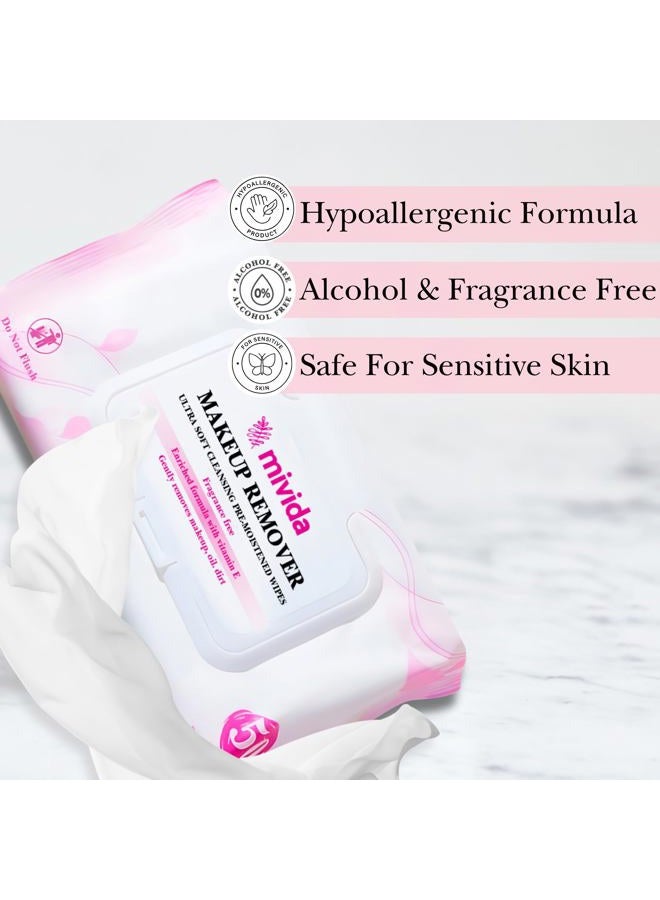 Mivida Hypoallergenic Makeup Remover Wipes | Daily Cleansing Facial Towelettes with Vitamin E For Sensitive Skin | 50 Count Fragrance-Free, Alcohol-Free Face Wipes - Image 3