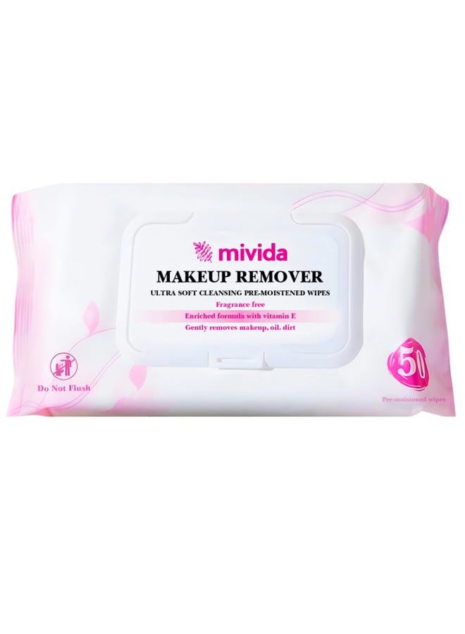 Mivida Hypoallergenic Makeup Remover Wipes | Daily Cleansing Facial Towelettes with Vitamin E For Sensitive Skin | 50 Count Fragrance-Free, Alcohol-Free Face Wipes - Image 1
