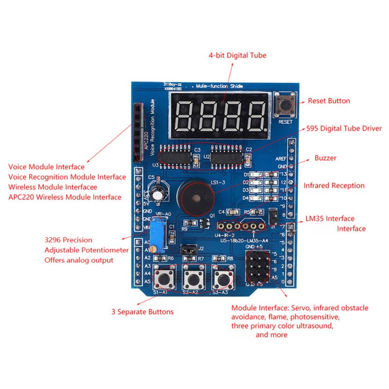 Multifunctional Expansion Board: 4-Way LED Indicator Temperature Sensor Analog Input - Seamless Mainstream Controller Connection Basic Learning Kit for Interactive Development Experimenters - Image 1