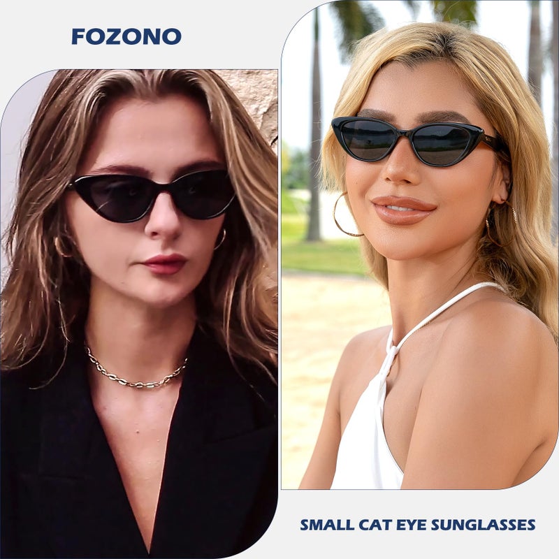 Fozono Retro Vintage Narrow Cat Eye Sunglasses for Women 90s Small Chic Trendy Sunnies UV400 Party Driving FZN7514(Glossy Black/Grey) - Image 2