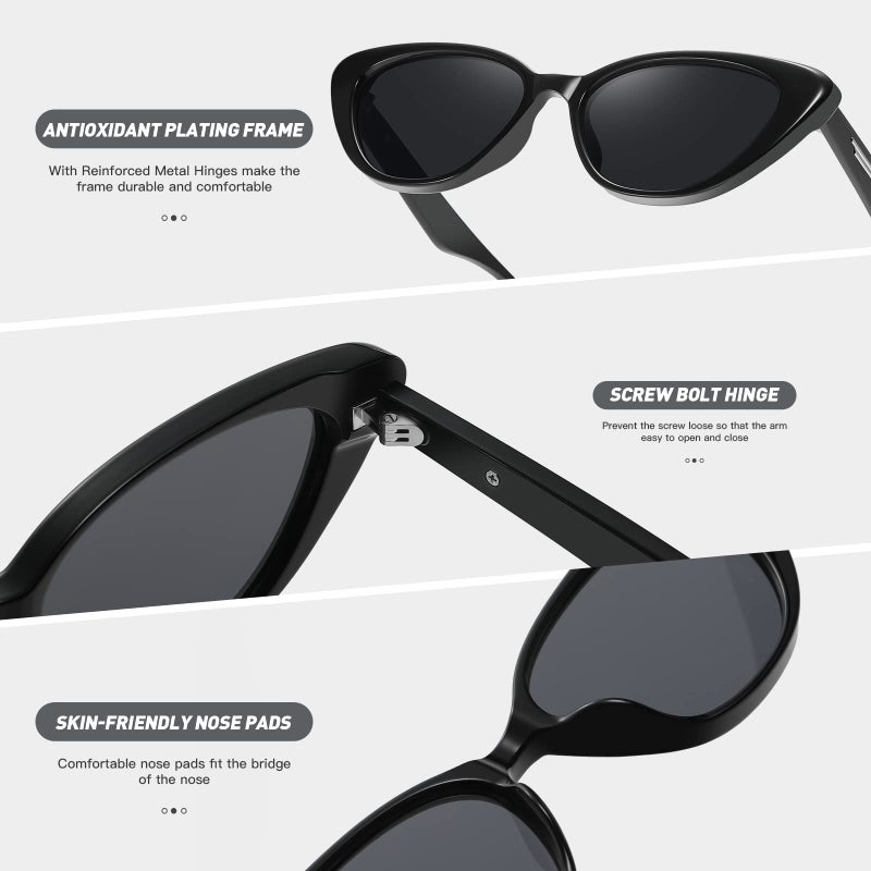 Fozono Retro Vintage Narrow Cat Eye Sunglasses for Women 90s Small Chic Trendy Sunnies UV400 Party Driving FZN7514(Glossy Black/Grey) - Image 4