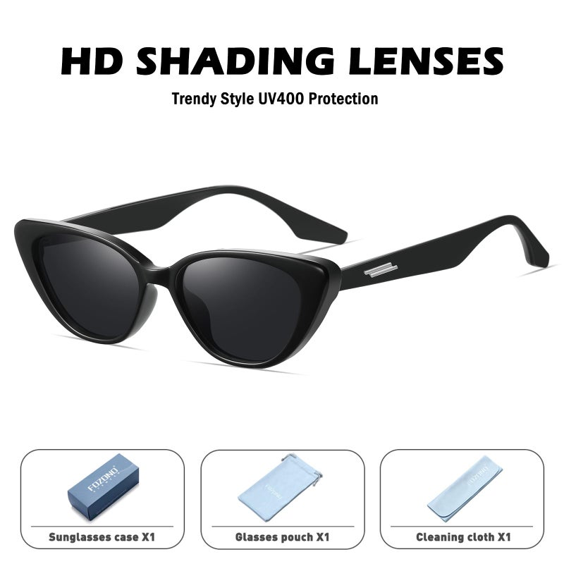 Fozono Retro Vintage Narrow Cat Eye Sunglasses for Women 90s Small Chic Trendy Sunnies UV400 Party Driving FZN7514(Glossy Black/Grey) - Image 3